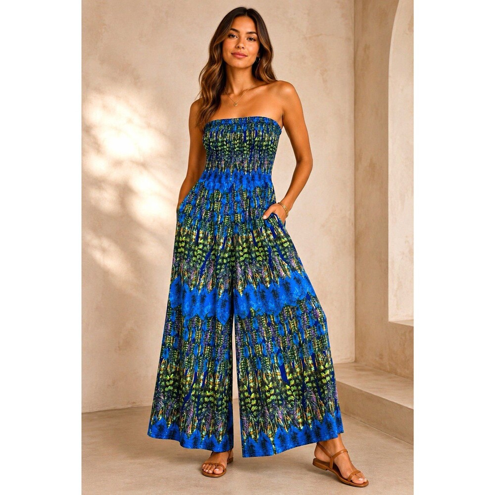 La Classe Couture Strapless Smocked Wide-Leg Feather Jumpsuit Size S